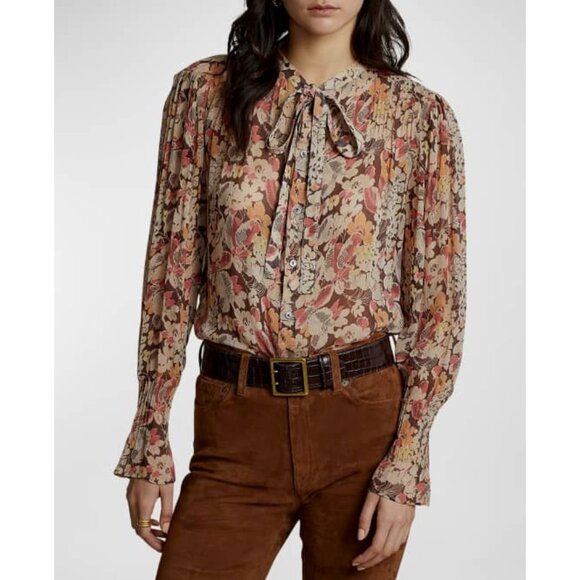 New Polo RL Fall Floral Georgette Tie Neck Blouse Beige 4 S $298